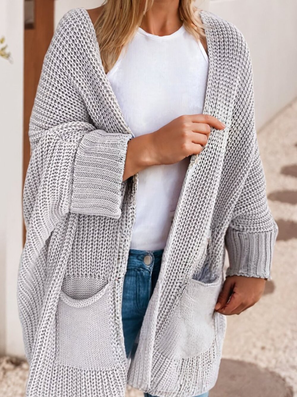 Oversized Fold Over Sleeve Open Front Cardigan